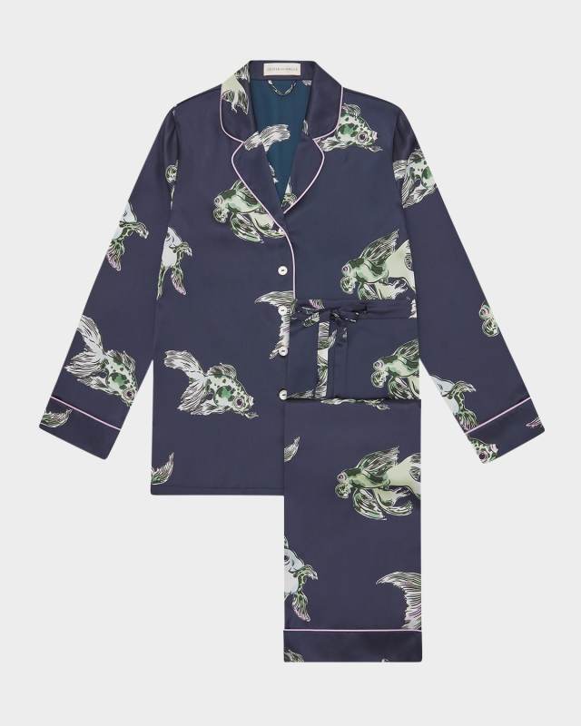 Lila Caspian Fish-Print Silk Pajama Set